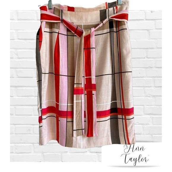 Ann Taylor Linen Blend Multi Colored Plaid Skirt Bow Belted Women’s 8P Pink Tan - Picture 1 of 9